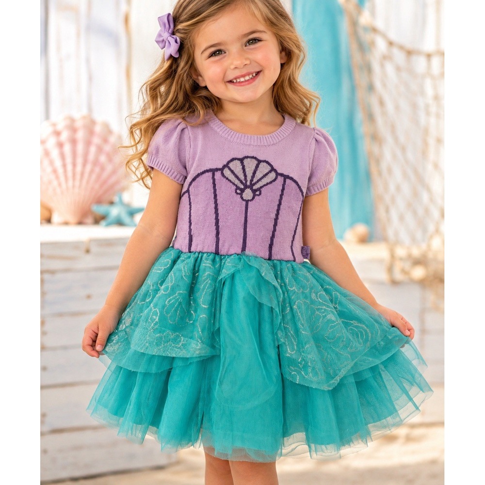 Disney Princess Ariel Sweater Tutu Dress 3T Little Mermaid Flounder Purple Teal
